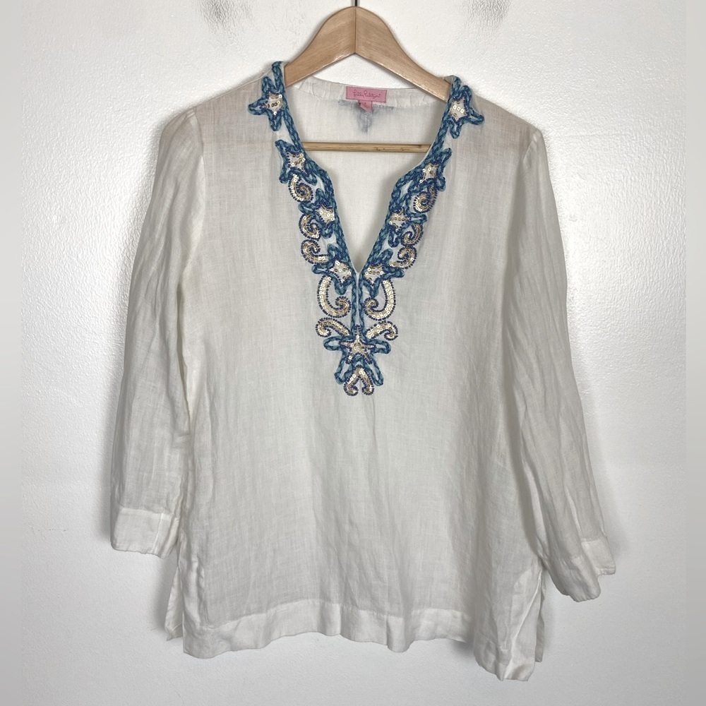 Lilly Pulitzer White Linen Tunic with Blue Embroidered V-Neck